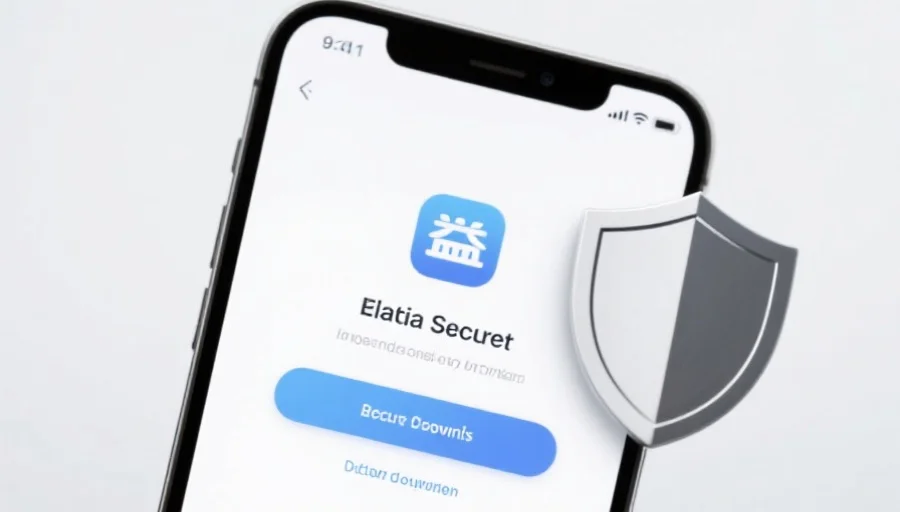 一部现代智能手机屏幕上显示安信13应用的安全下载界面，旁边有安全盾牌图标，背景简洁