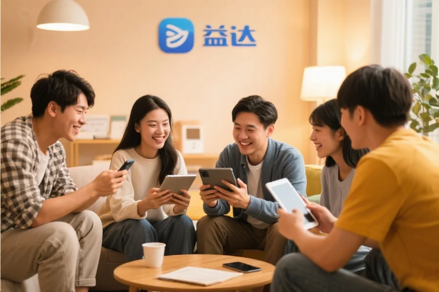 一群年轻用户围坐在一起，使用平板和手机愉快地交流，背景温馨现代，象征安信13应用的社区活跃氛围